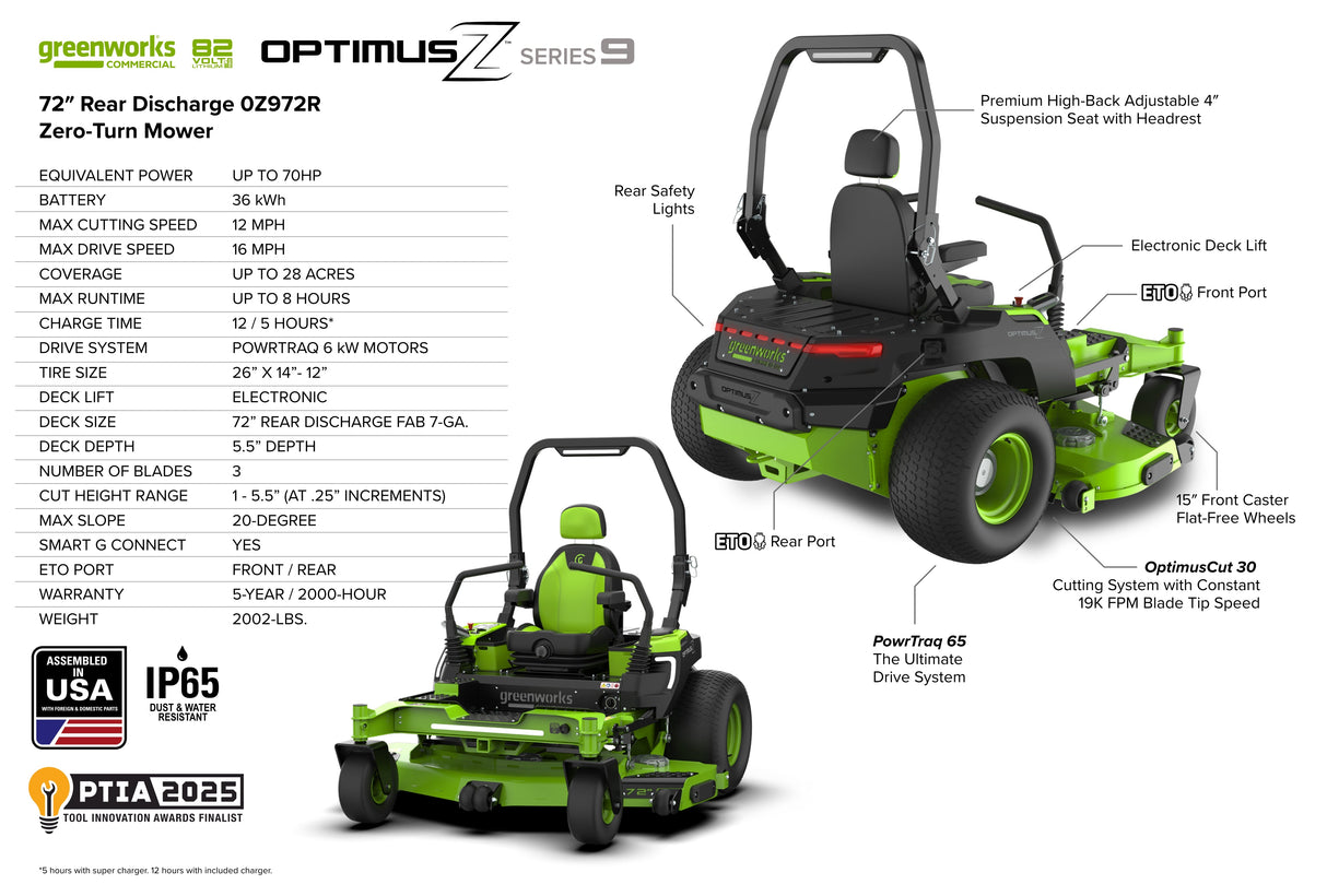 OptimusZ Series 9 72" (éjection arrière) ZTR autoportée - 36 kWh | OZ972R