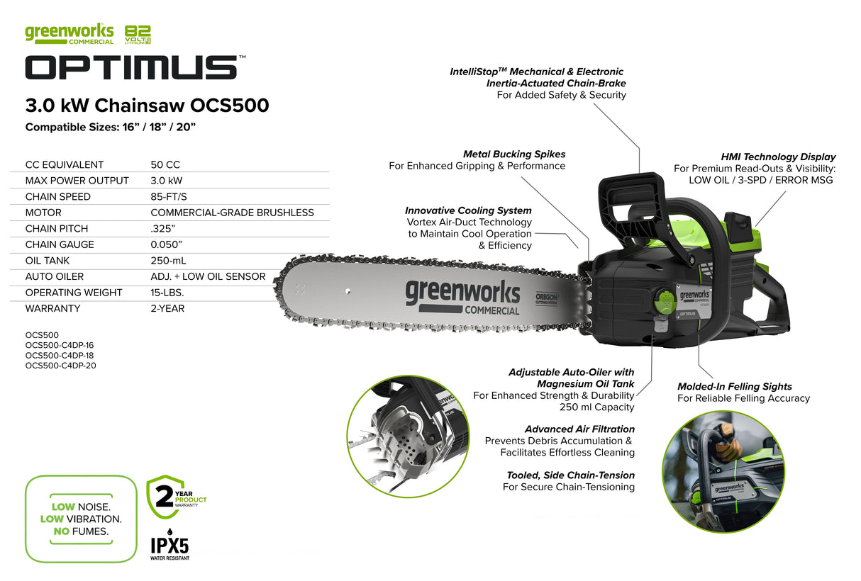82V OPTIMUS 3.0 kW 16" Chainsaw Kit with CORE400 Battery & DP Charger | OCS500-C4DP-16