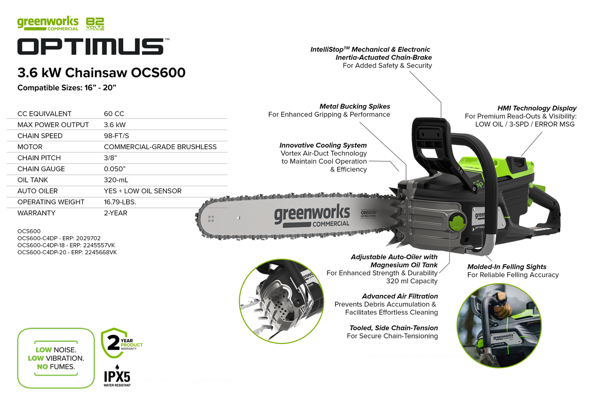 OPTIMUS 82V 3.6kw 20" Chainsaw Kit with CORE400 Battery & DP Charger | OCS600-C4DP-20