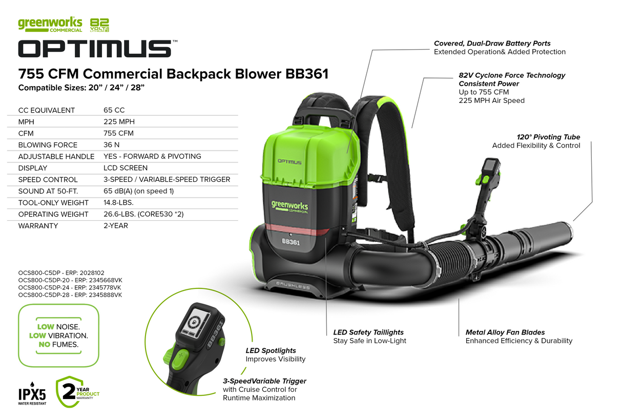 Optimus 82v 36N BP Blower with (2) 8Ah Batteries and Dual Port Charger | BB361-82DP
